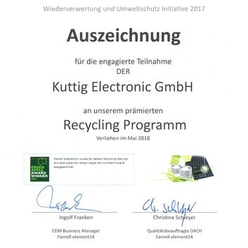 Auszeichnung von Farnell element14 für engagierte Teilnahme am Recycling-Programm